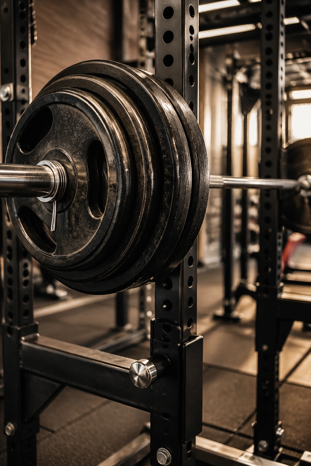 Close-up of a heavy barbell with weight plates on a squat rack in a gym