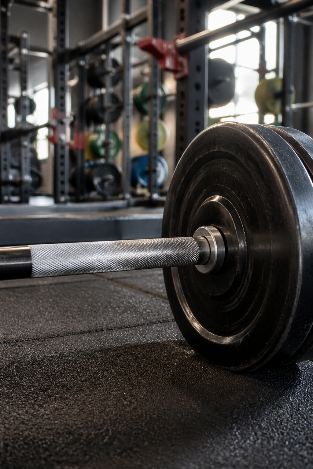Close-up of a loaded barbell on a gym floor representing a three-day full-body routine.