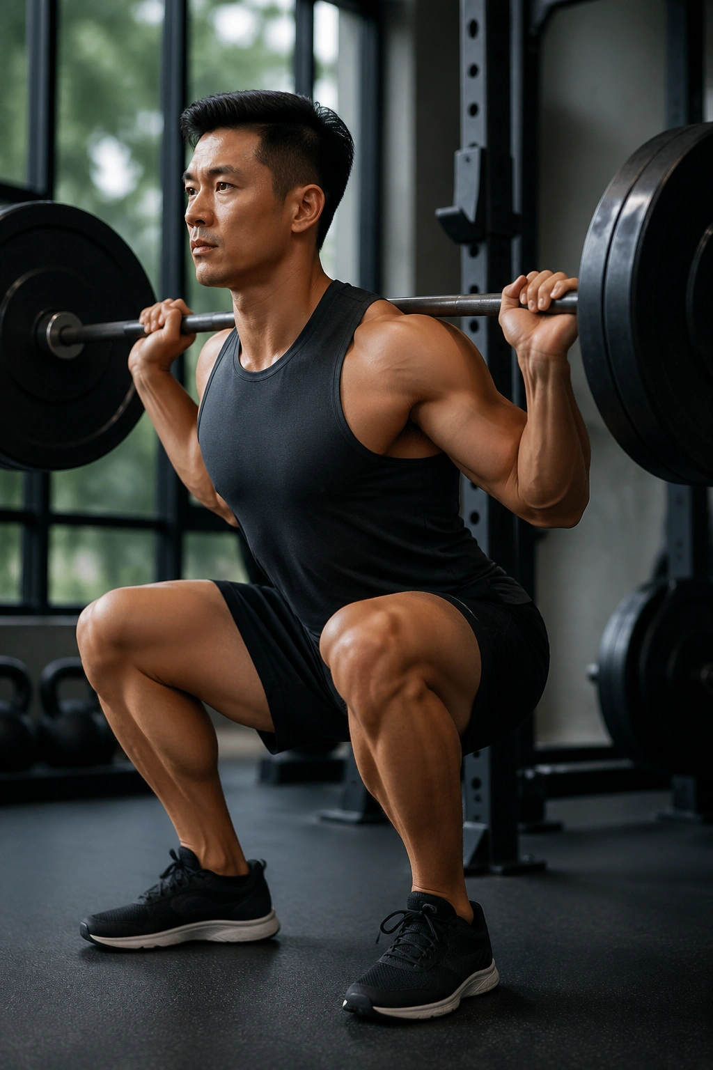 Close-up of a fit person performing a barbell squat in a gym with core engaged