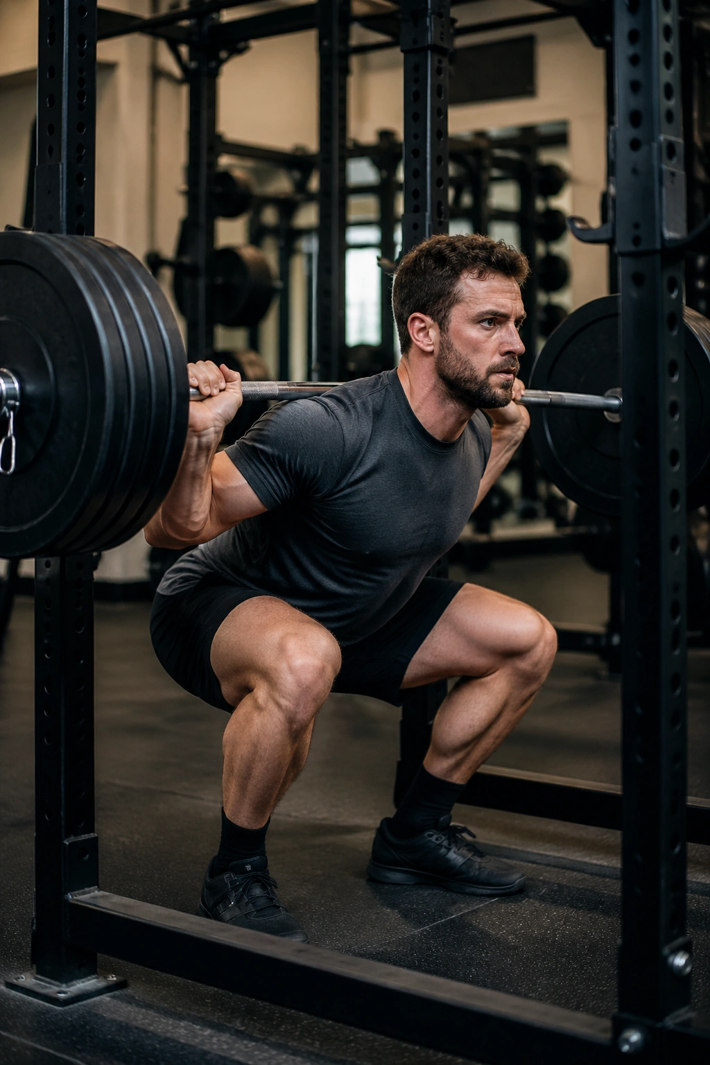 Medium shot of person performing barbell back squat in gym