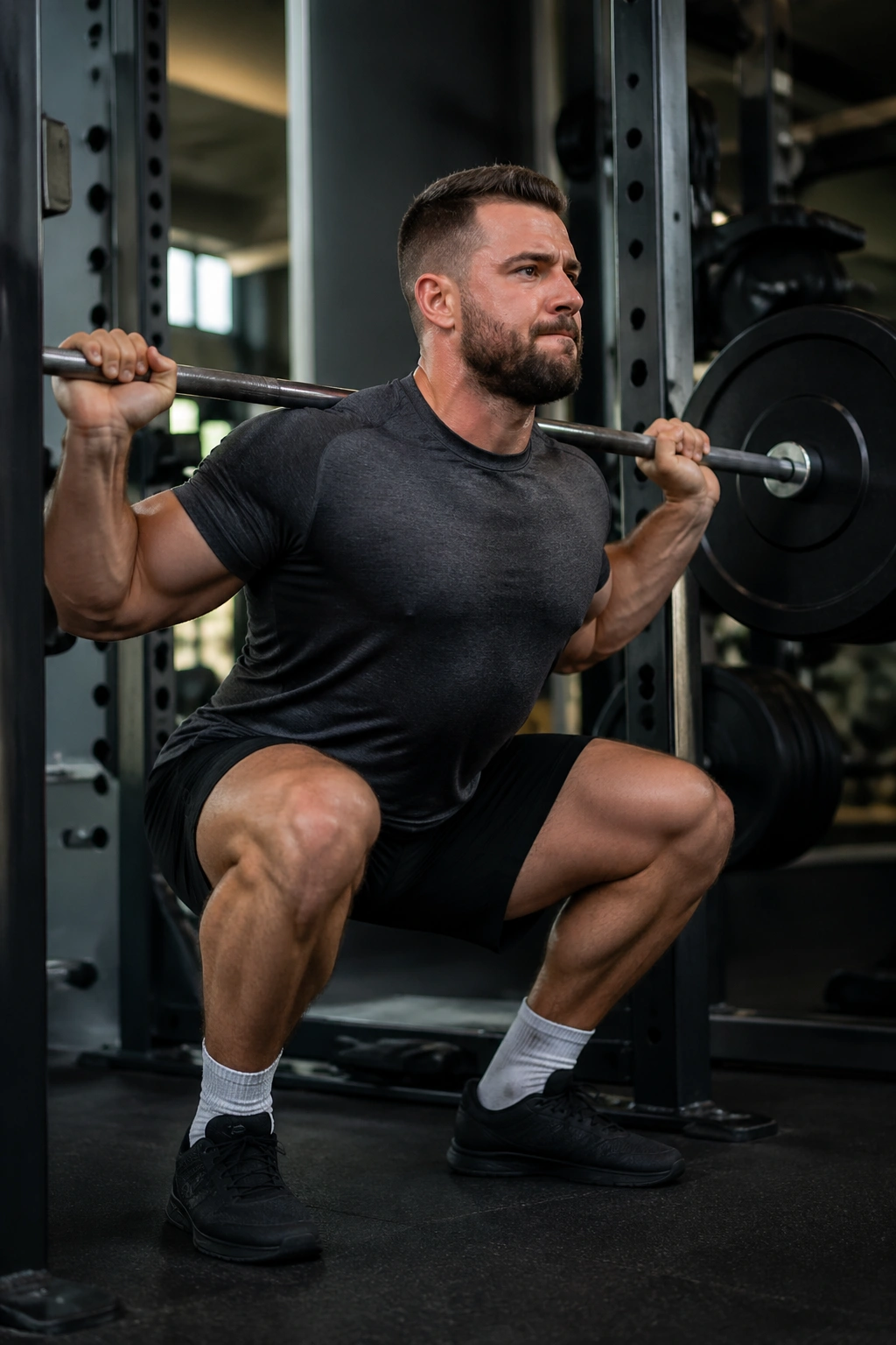 Person performing a back squat in a gym