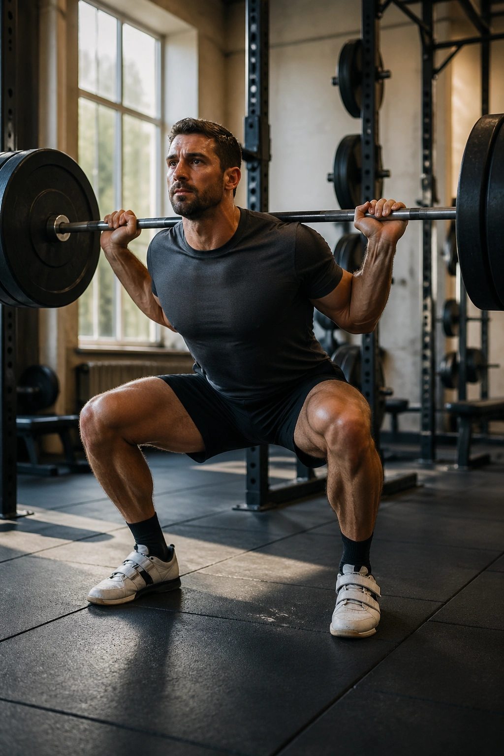 Full-body back squat in gym with barbell on shoulders
