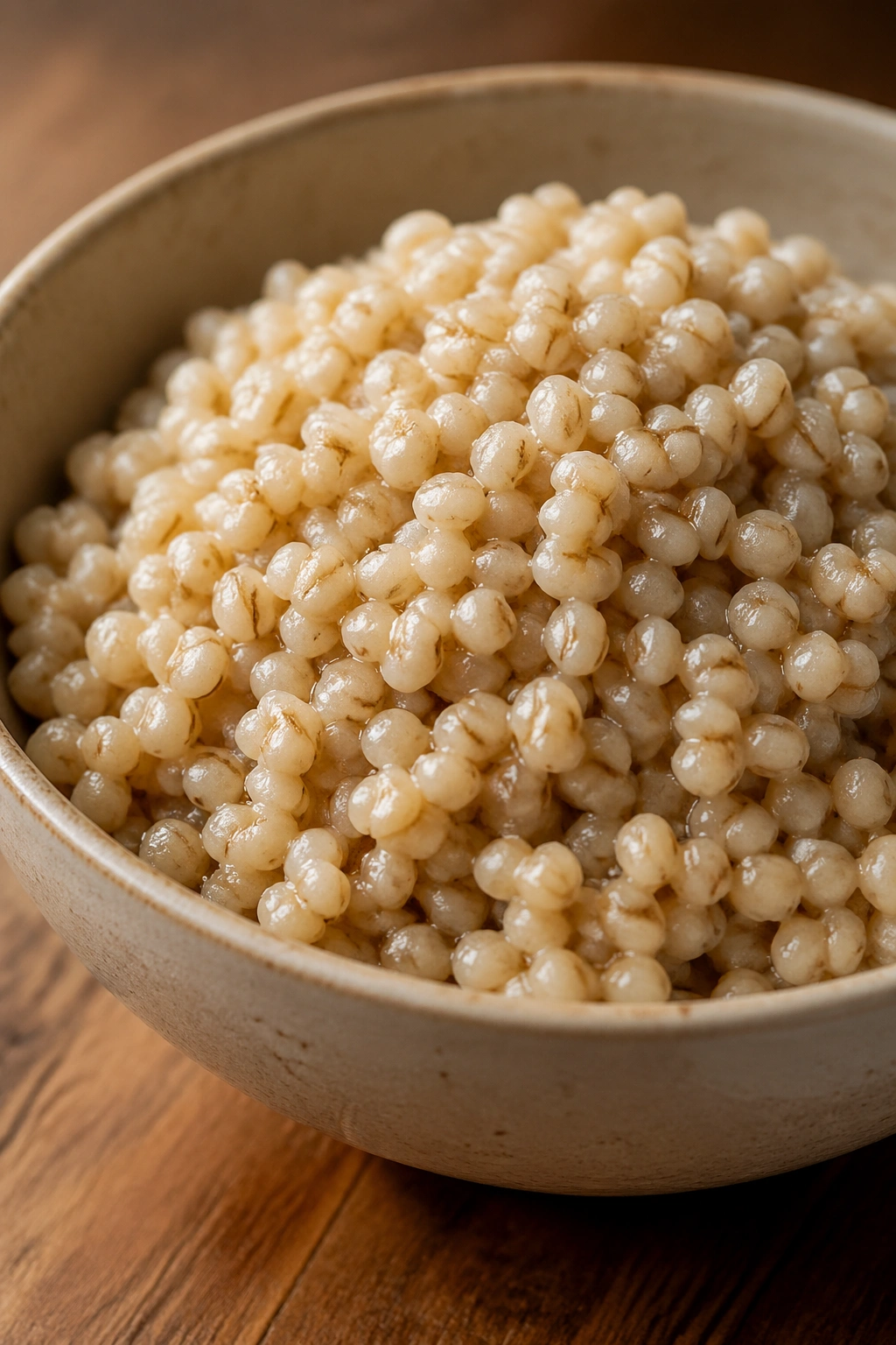 Close-up of a bowl of cooked barley on a wooden surface.