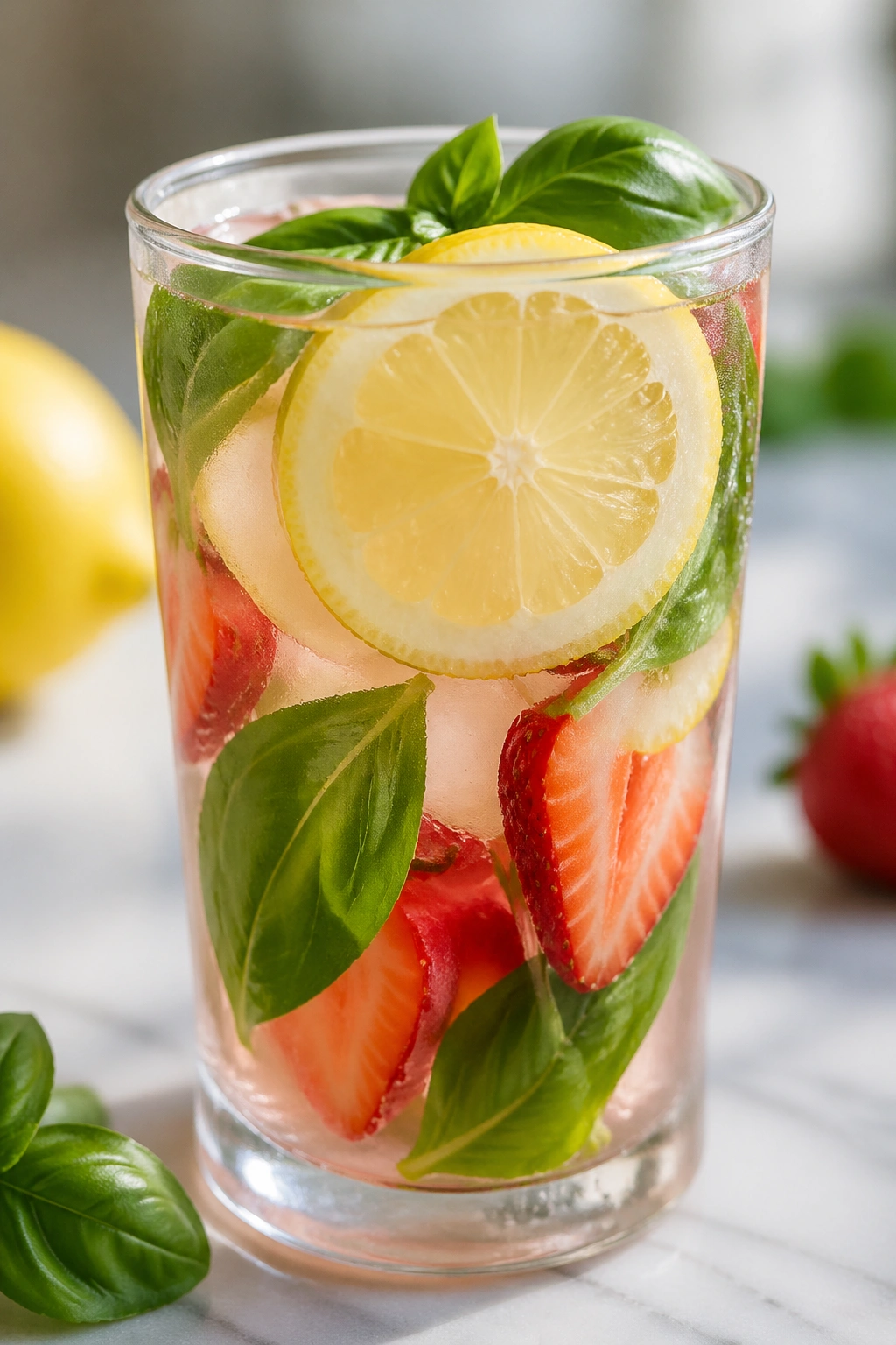 Glass of basil strawberry lemon water with basil leaves and strawberry slices