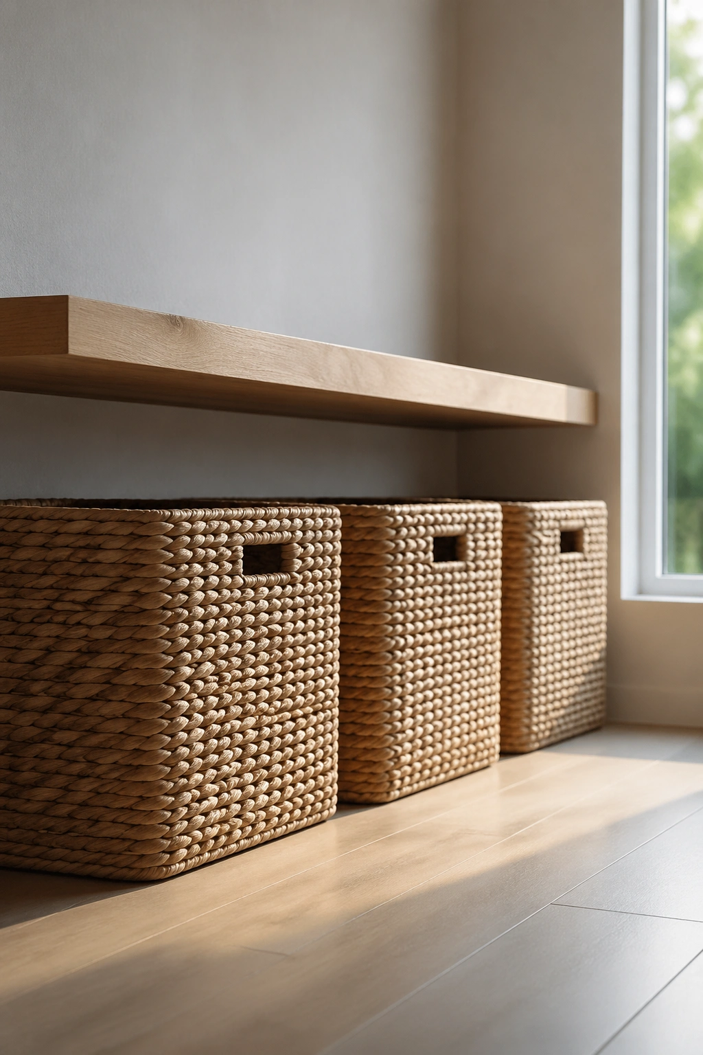 Three matching seagrass baskets under a shelf in a minimalist yoga space