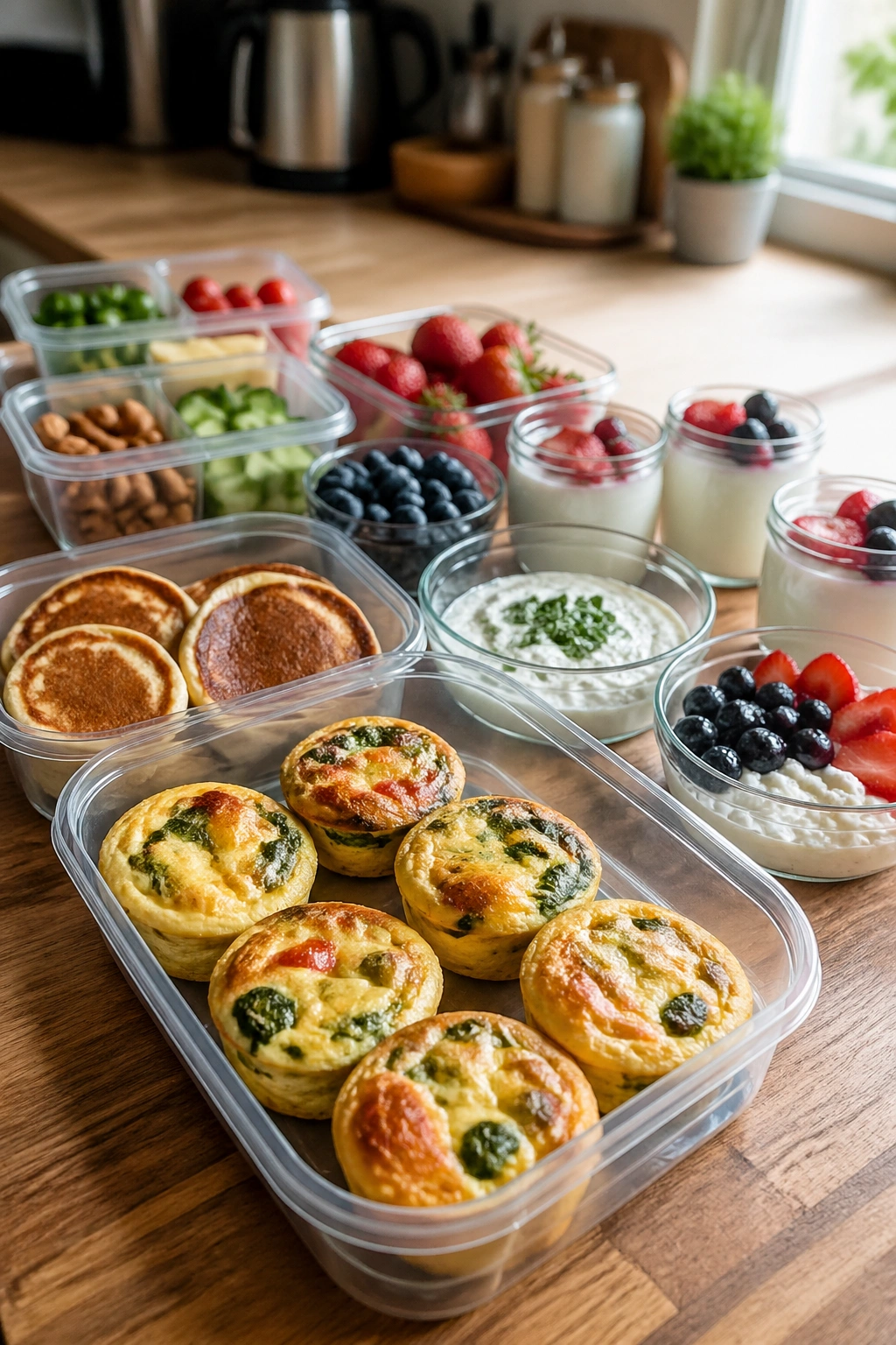 Close-up of batch-prep low-carb pre-workout snacks in clear containers on a kitchen counter
