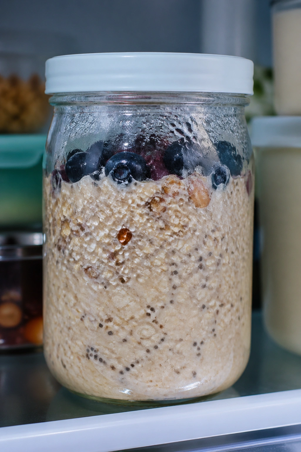 Jar of overnight oats with condensation and a blurred fridge background