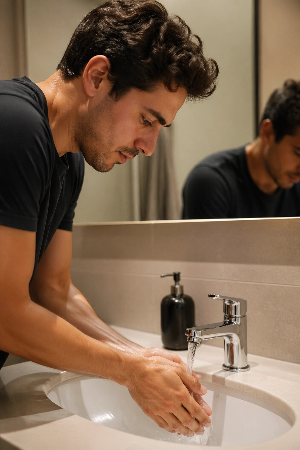 Person washing hands at bathroom sink with warm lighting