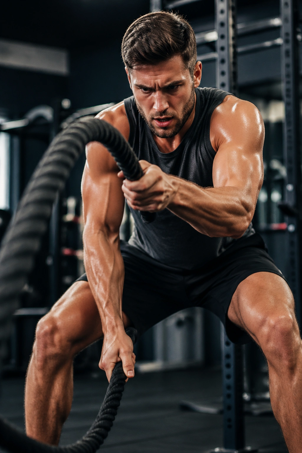 Athlete doing battle rope waves in a gym during conditioning session