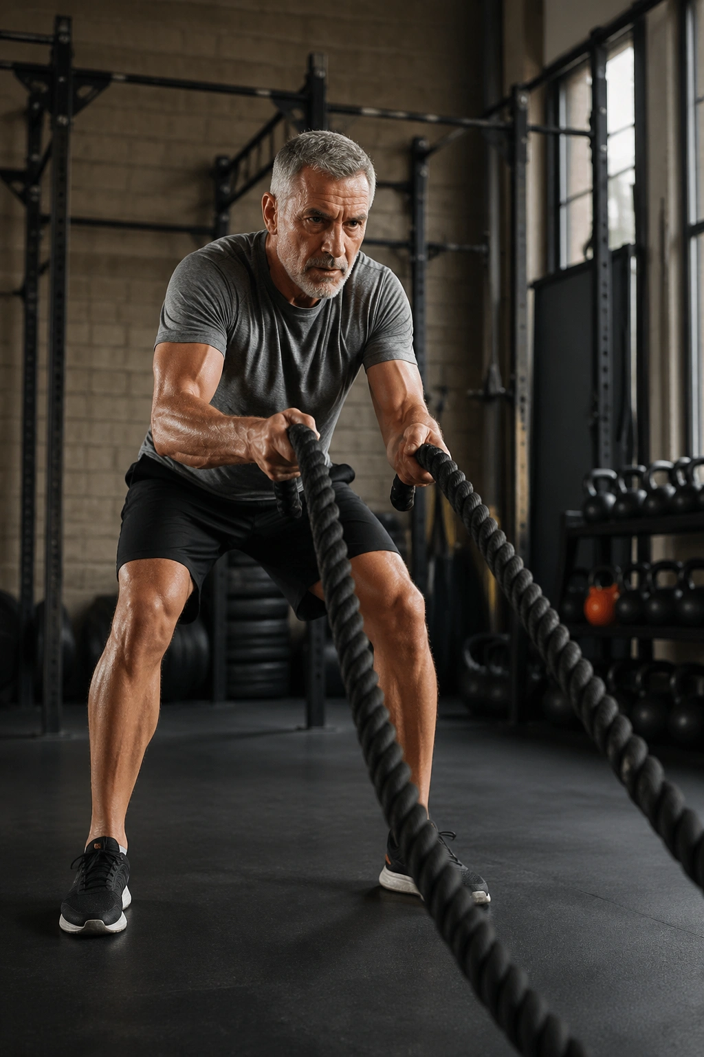 Person performing battle rope slams with ropes moving in a gym