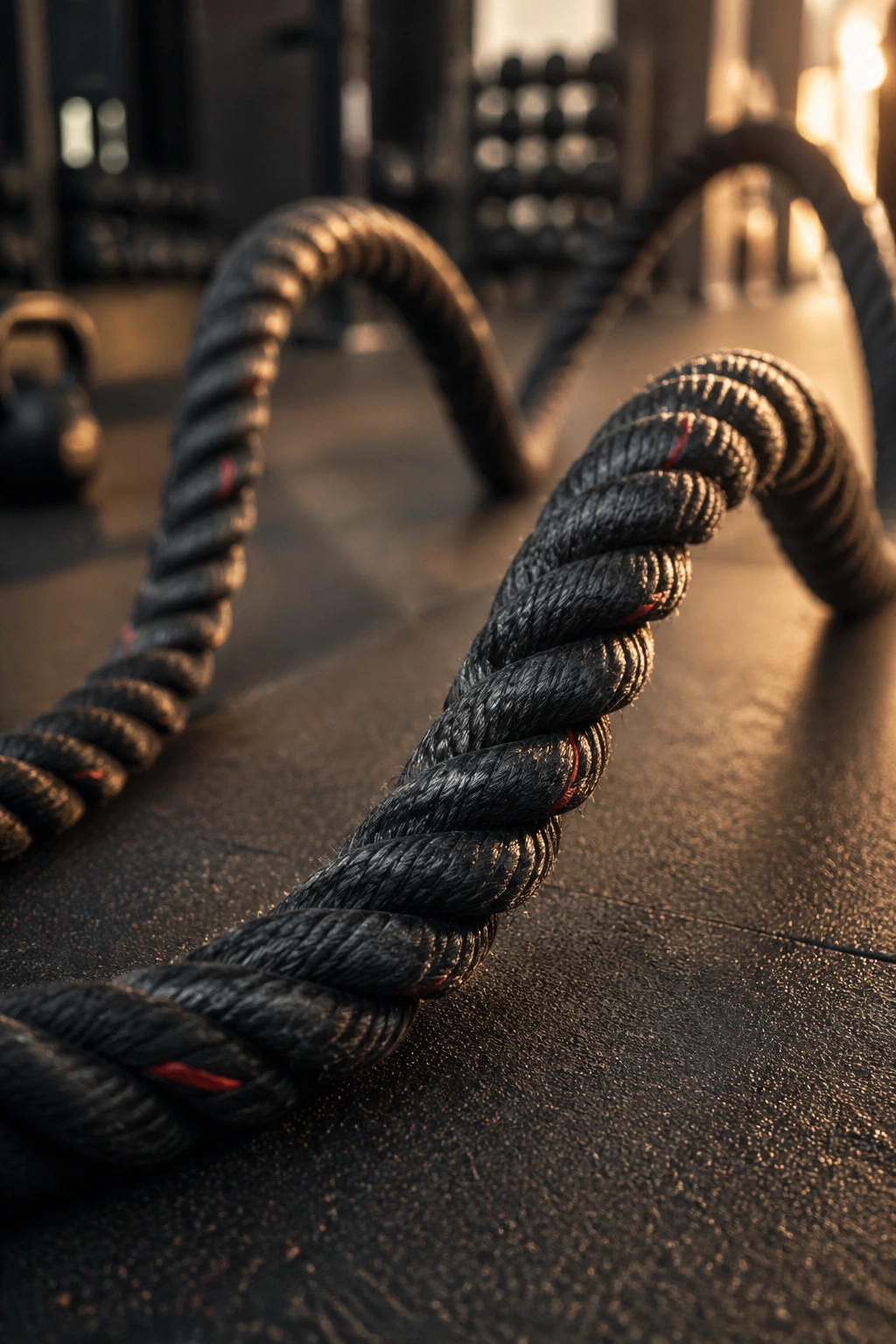 Close-up of a thick battle rope on a gym floor