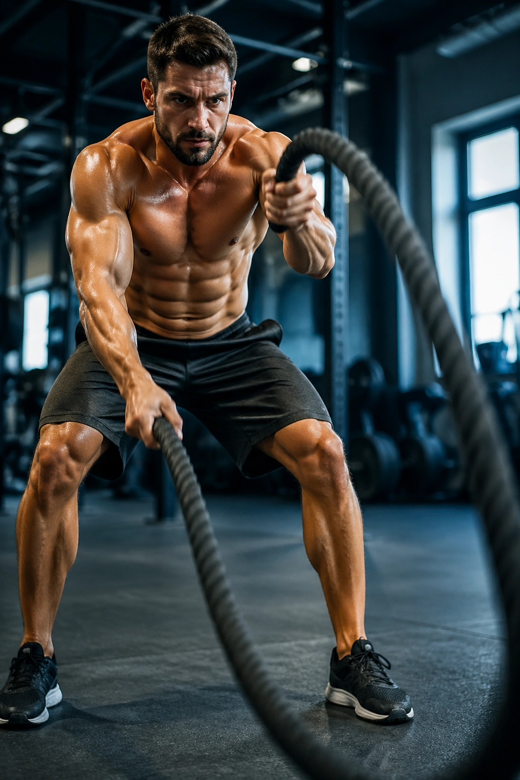 Athlete performing battle rope waves in gym with ropes in motion