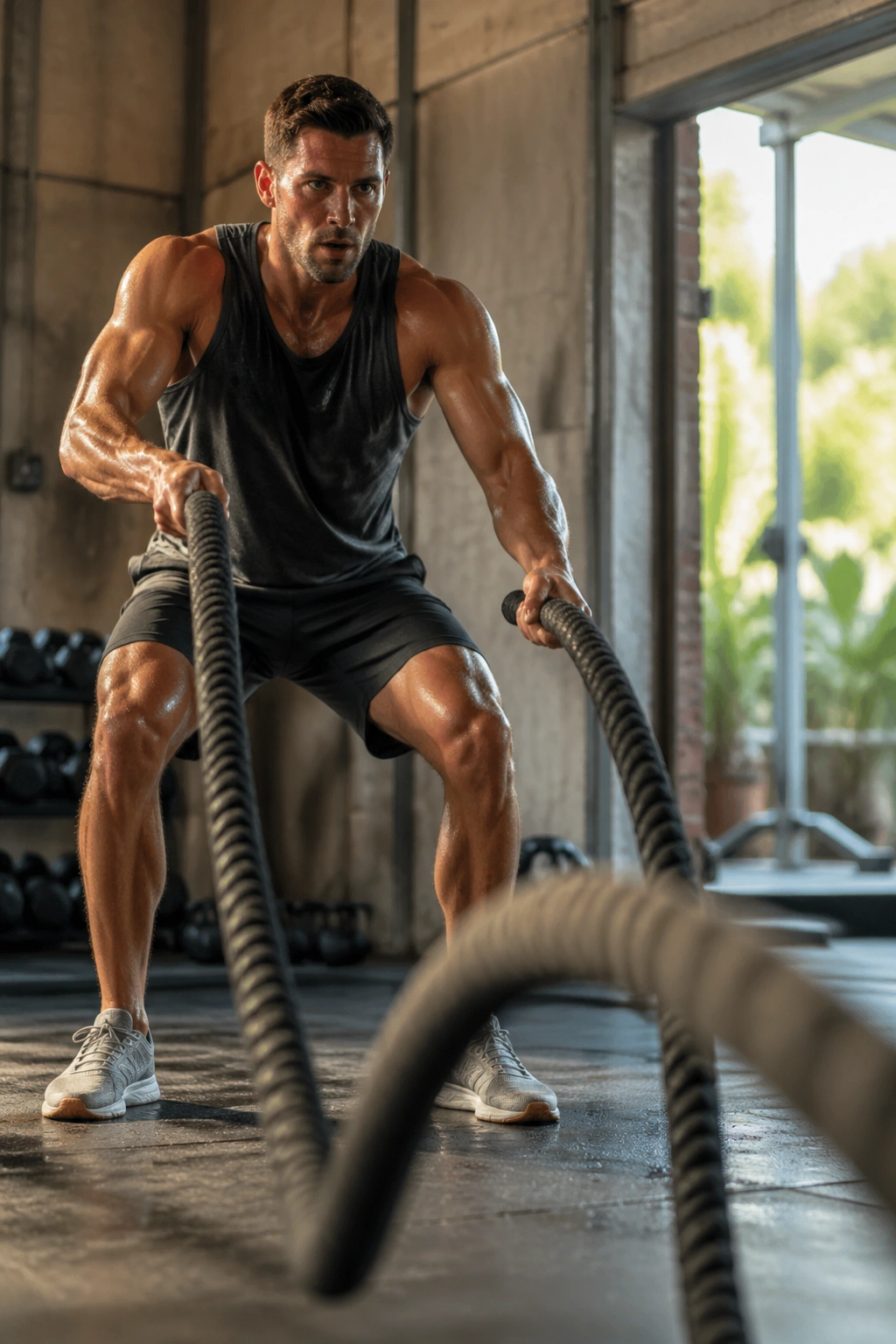 Athlete performing battle rope waves in a gym environment