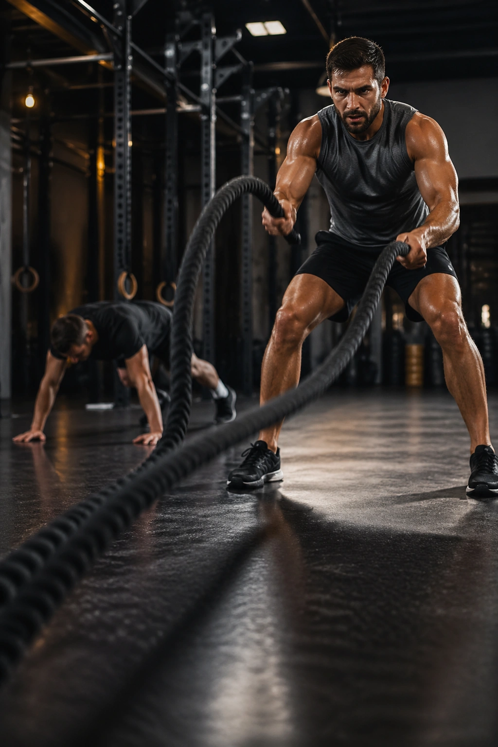 Athlete performing battle rope waves in gym