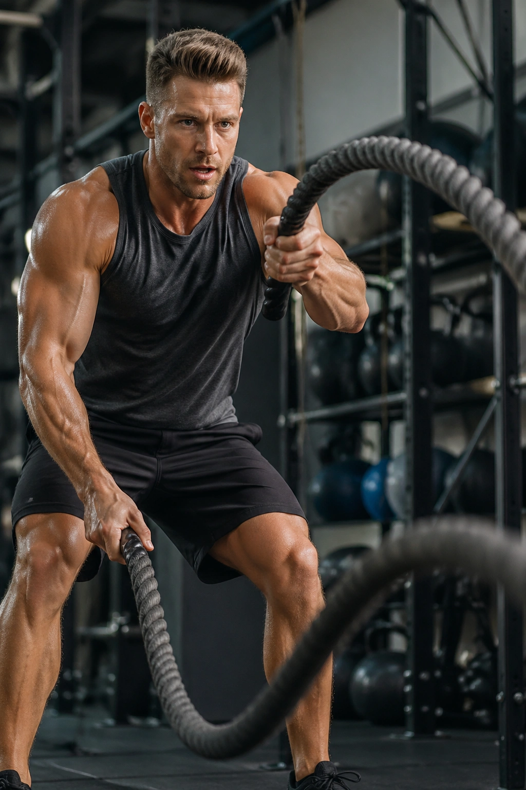 Athlete performing battle rope intervals with waves in a gym