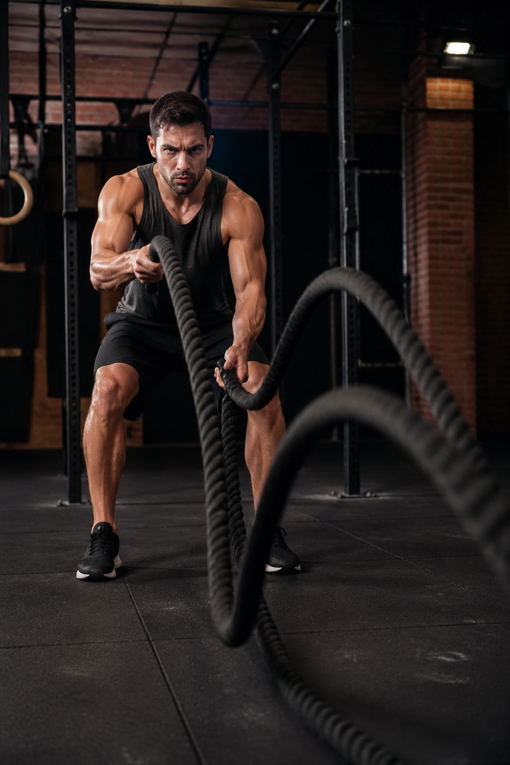 Athlete using battle ropes in gym during intense set