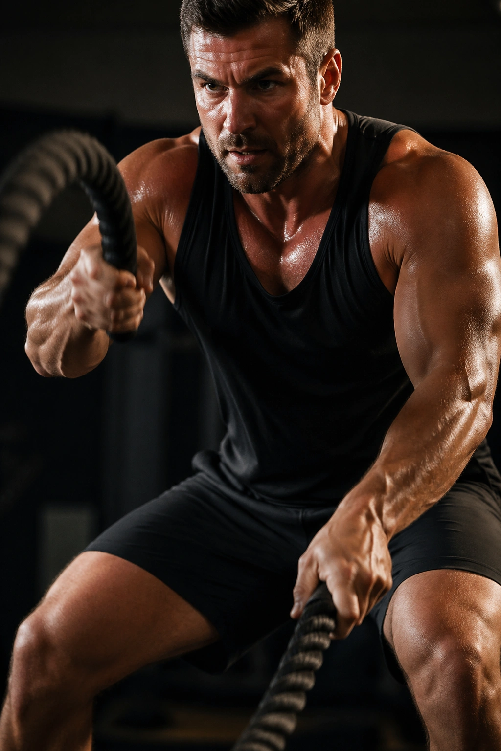 Close-up of a person performing battle rope waves in a gym