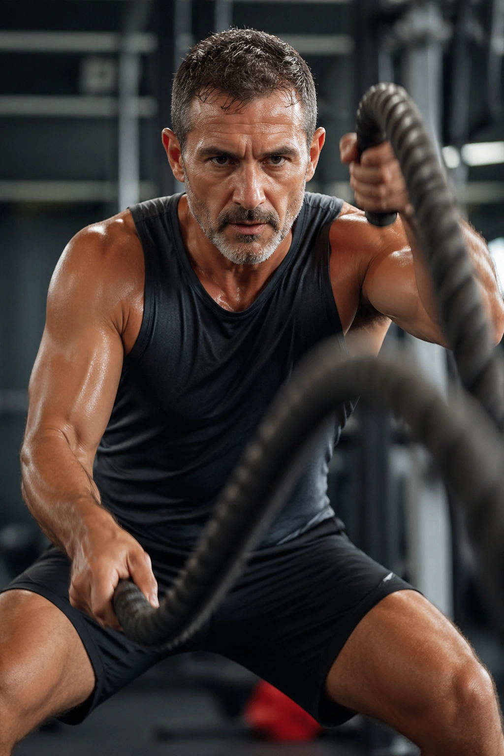 Person performing battle rope bursts in a gym