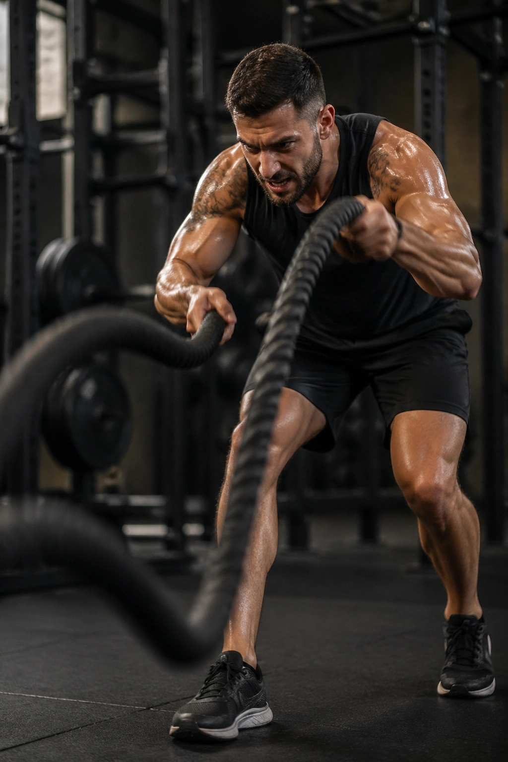 Person performing battle rope waves in a gym