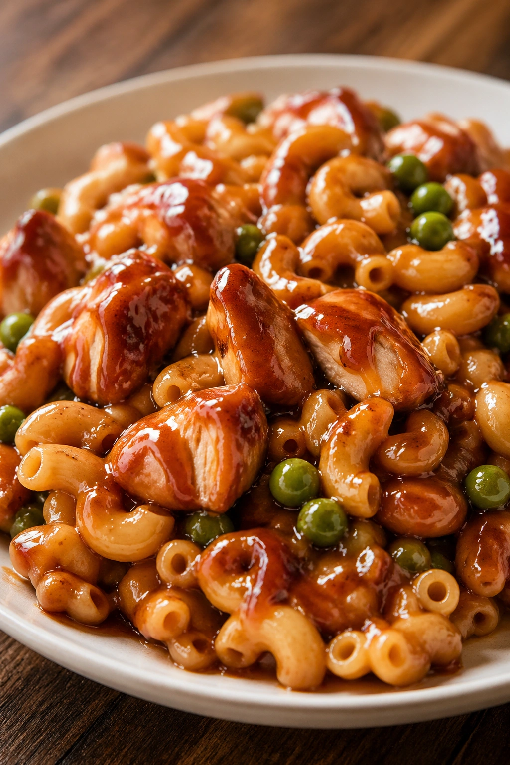 Close-up of mac and cheese with BBQ chicken and peas in a glossy sauce