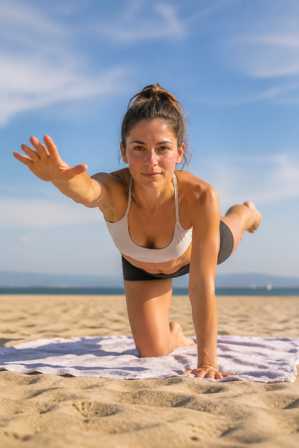 Real person performing bird dog reach on a beach towel on sand