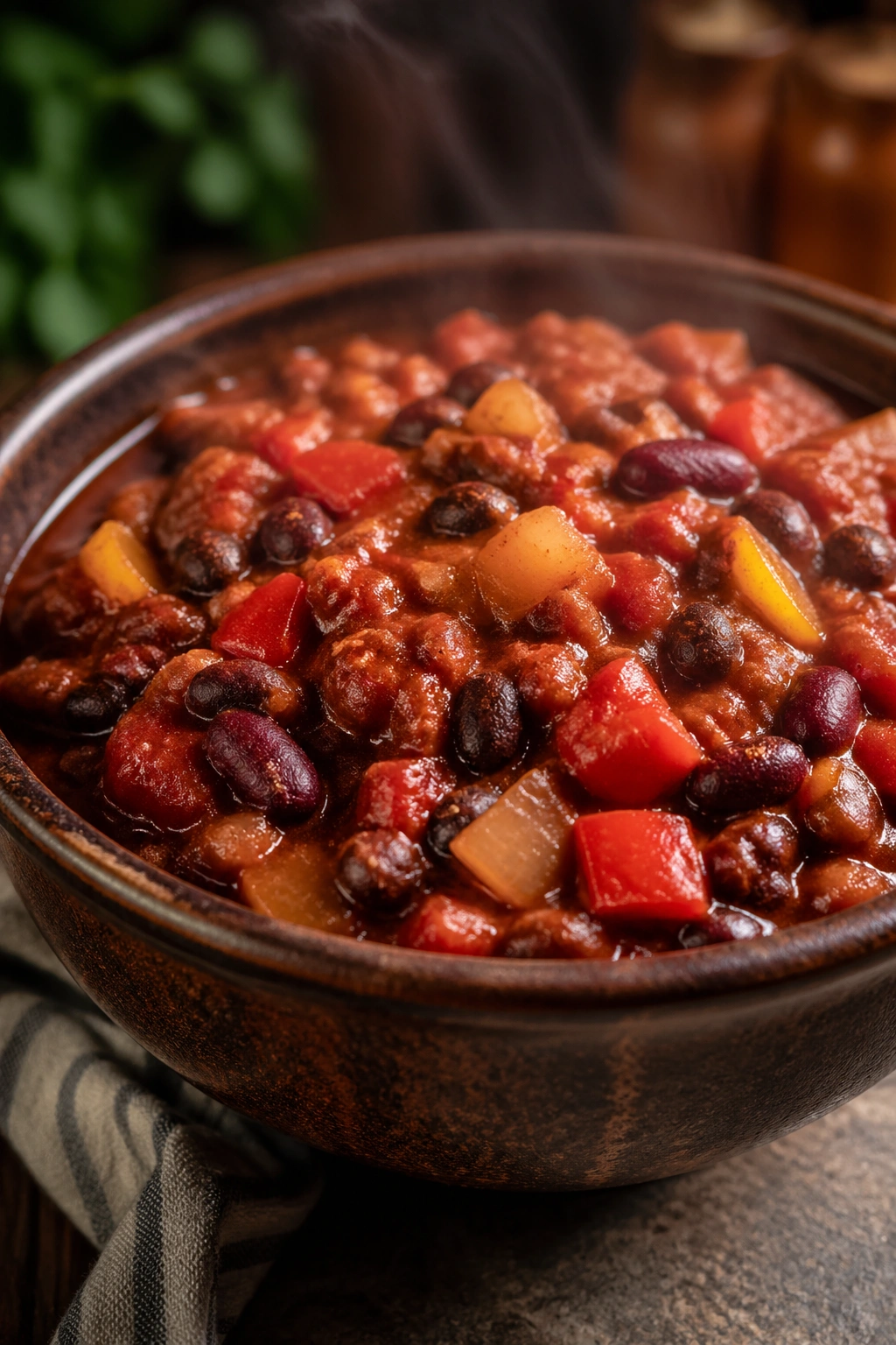 Bowl of bean veggie chili on a kitchen counter