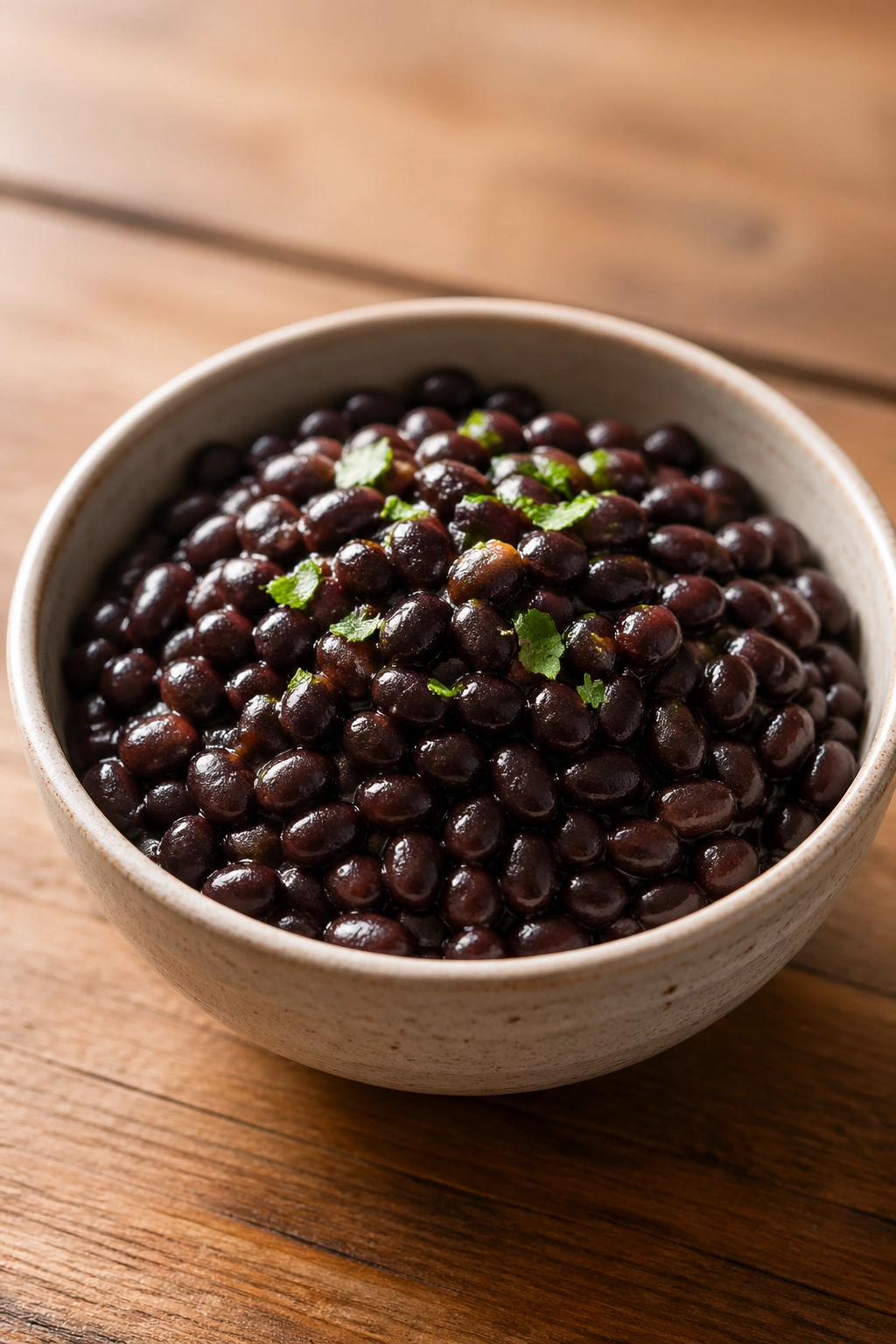 Close-up of a bowl of beans on a wooden table in warm light