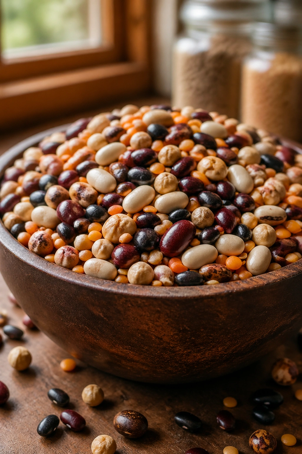 Close-up of a bowl of mixed beans and lentils with warm kitchen light