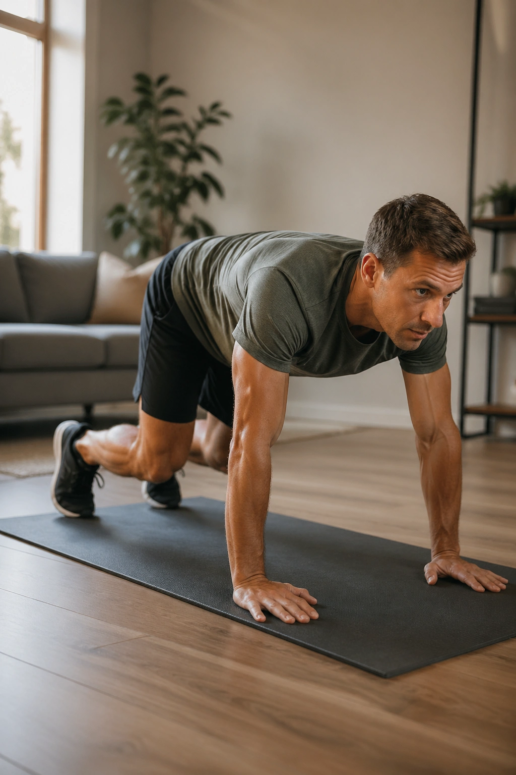Person bear crawling on a mat in a living room