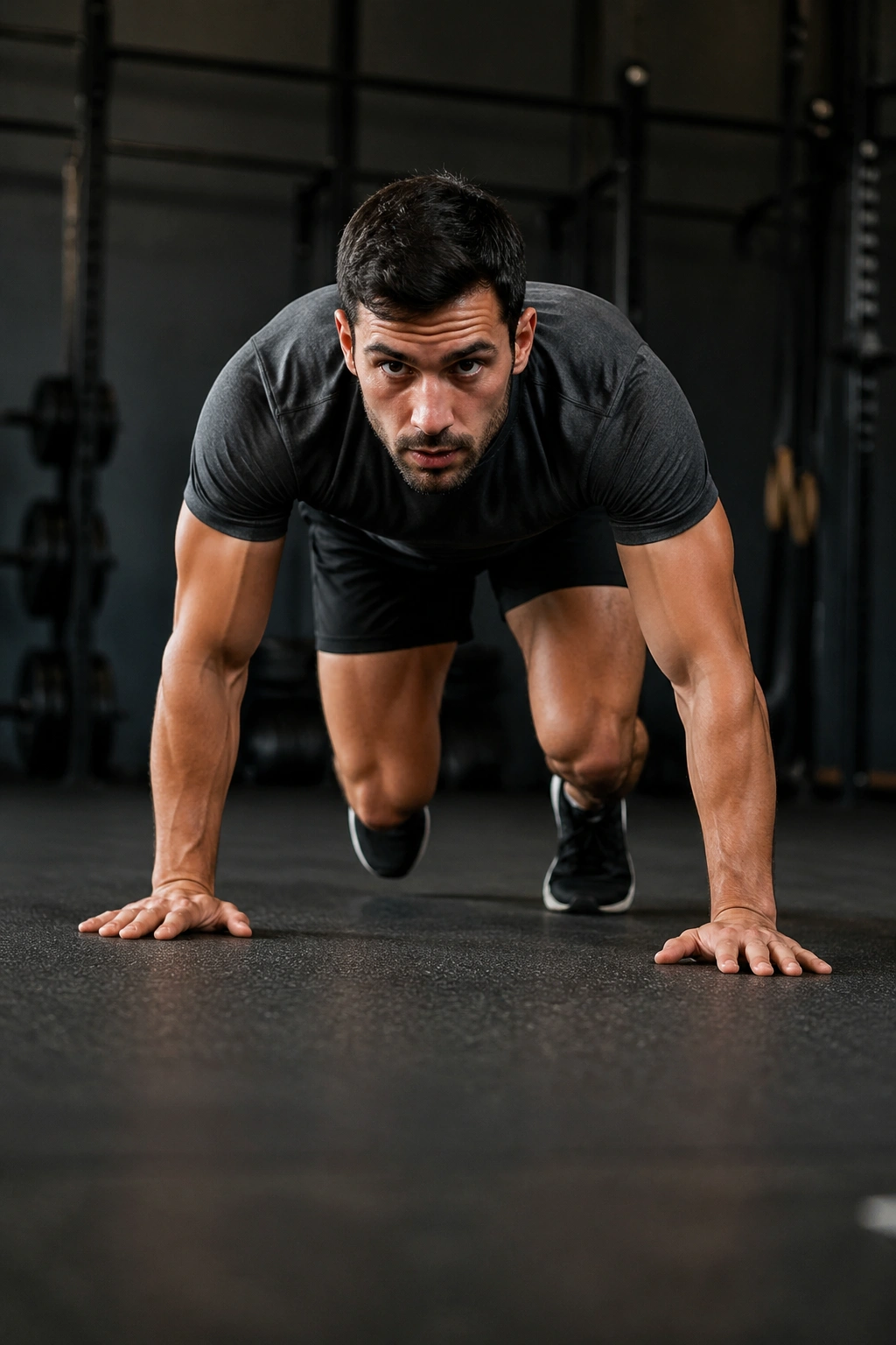 Front view of a person performing a bear crawl on a gym floor.