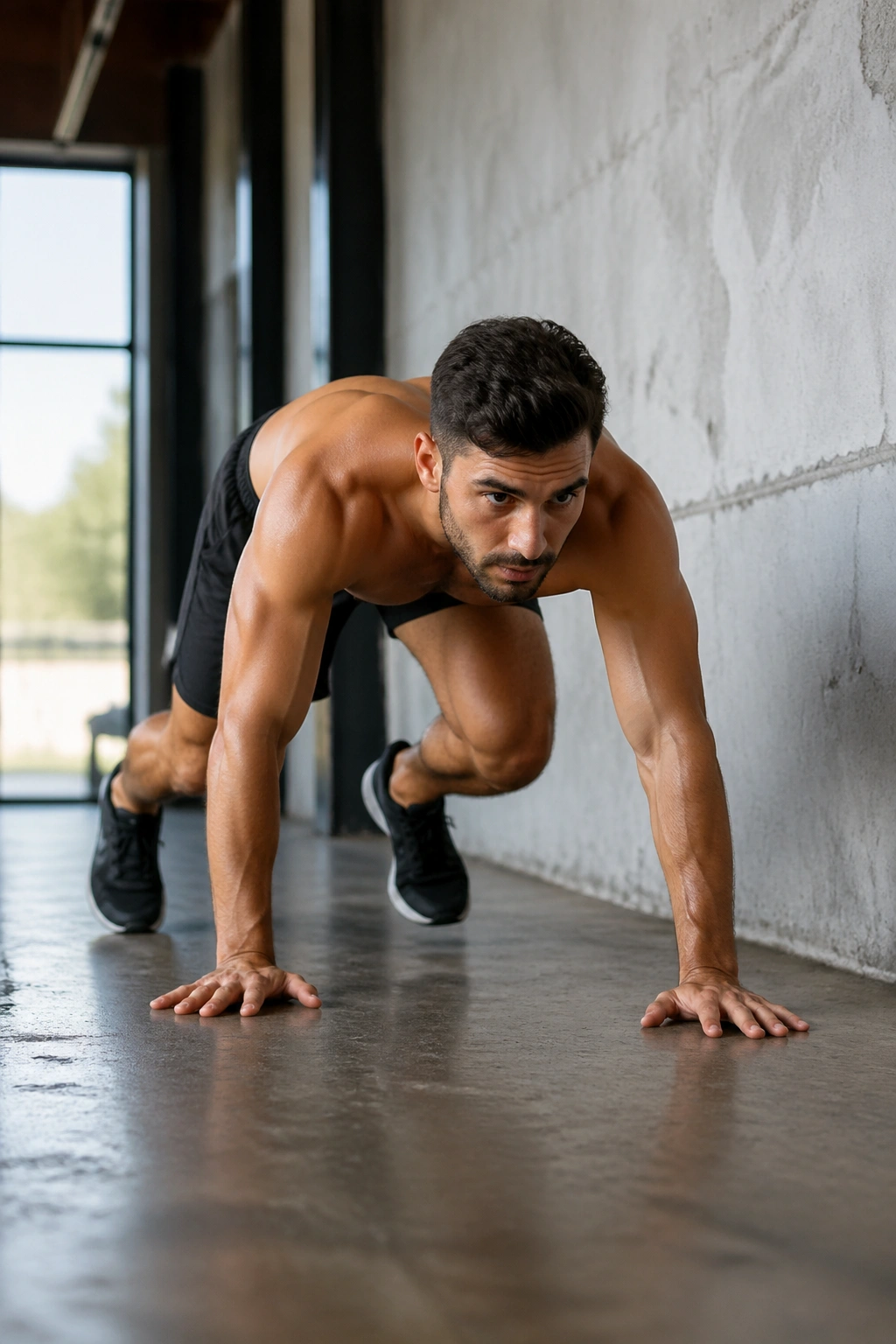 Real person performing a bear crawl to engage core and full body
