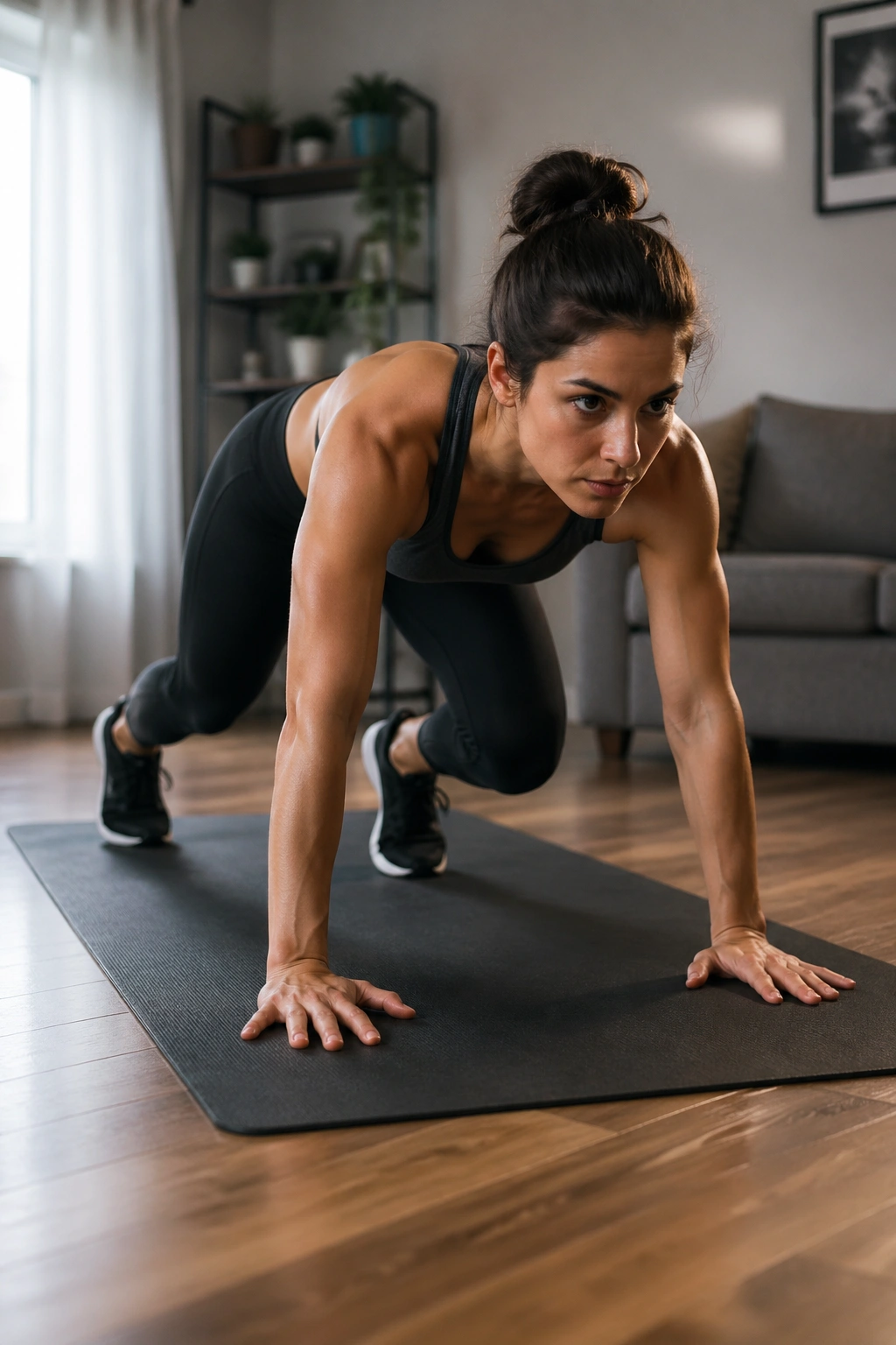 Person in bear crawl hold with controlled steps on mat