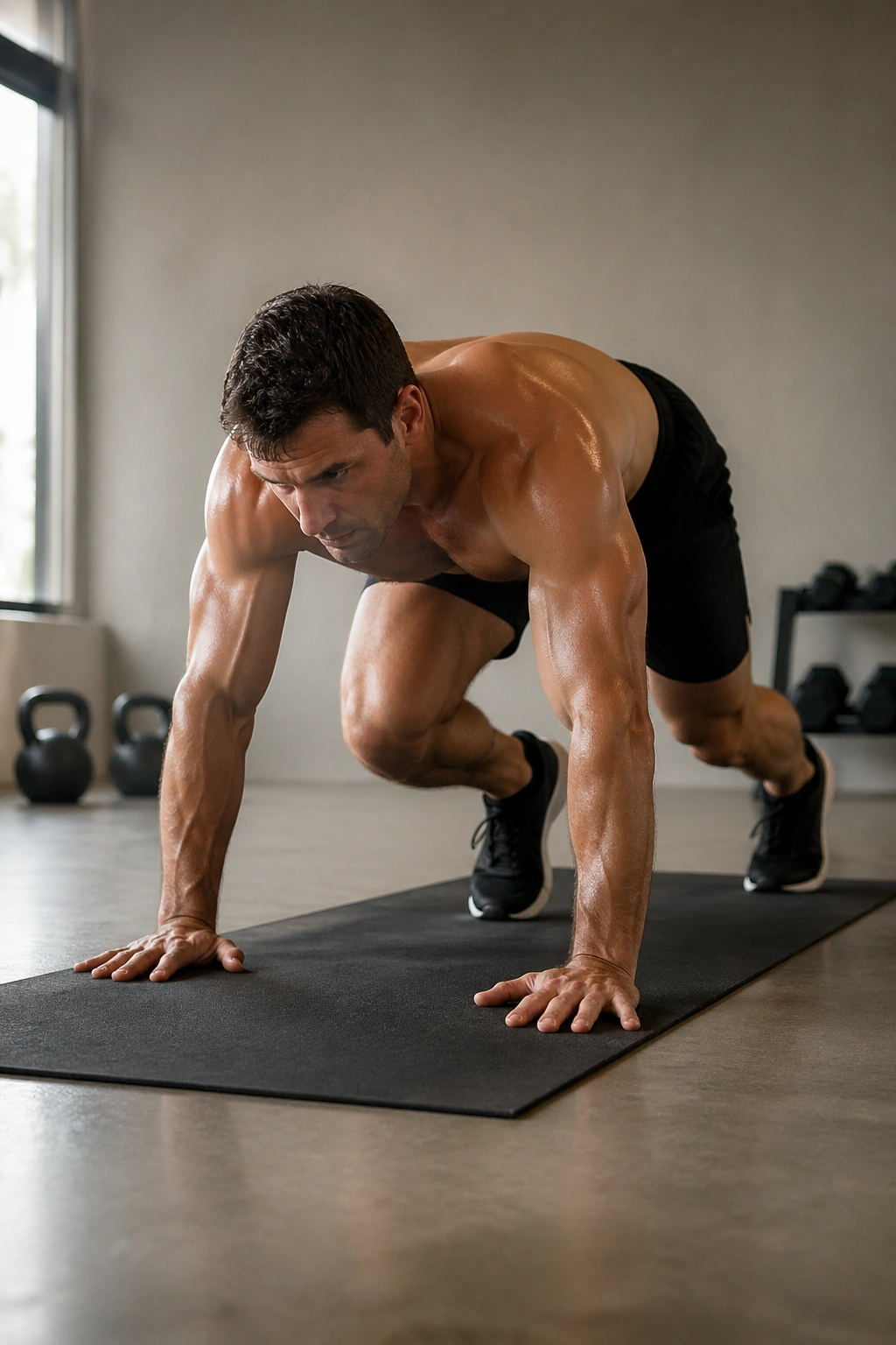 Athlete in bear crawl position on a mat in a home gym