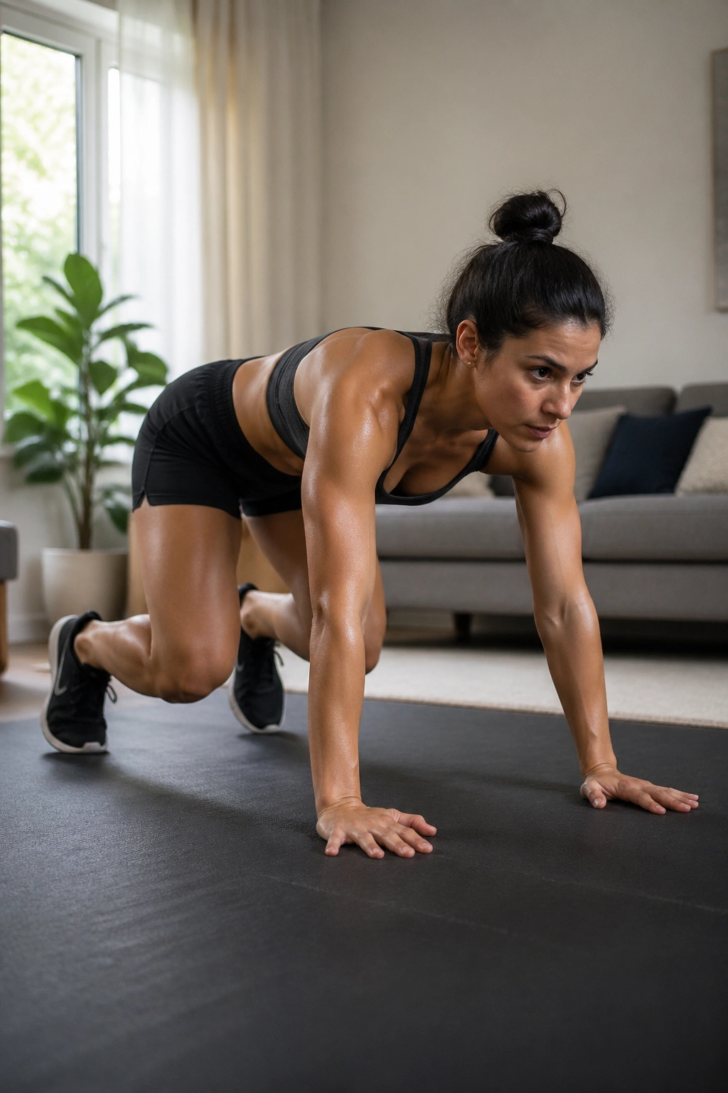 Real person performing bear crawl in a bright living room gym mat area, core braced during forward movement.