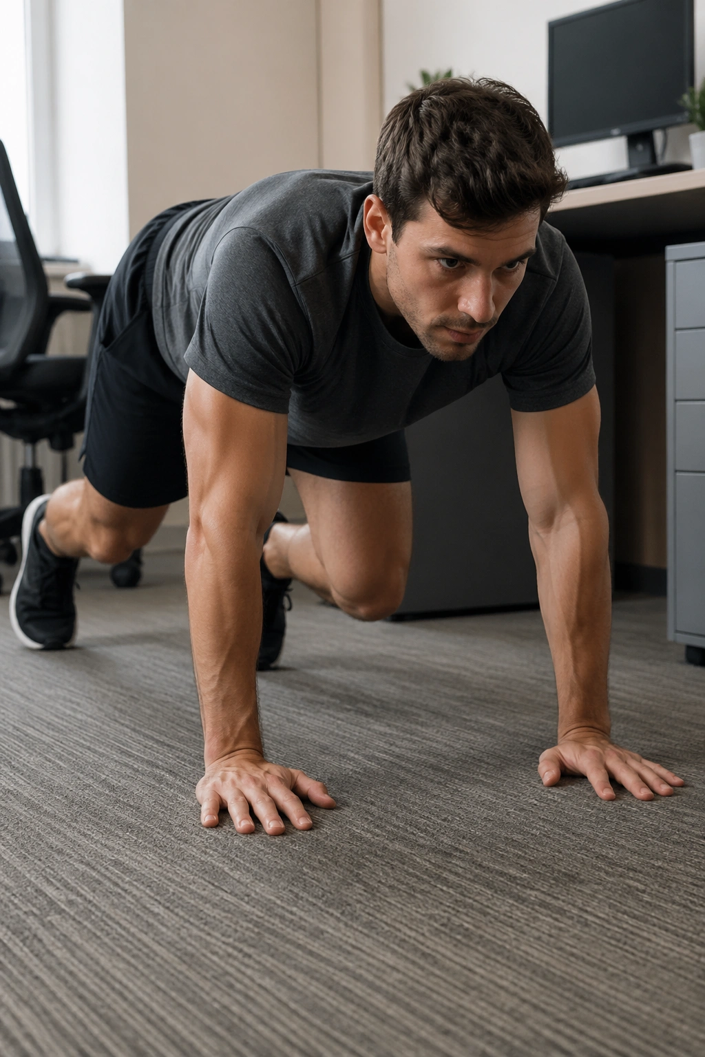 Person performing bear crawl holds and small crawls on office carpet