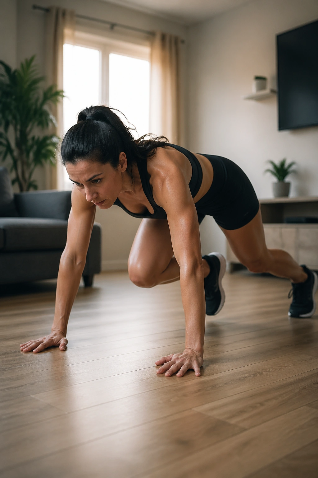 Person in bear crawl position on living room floor