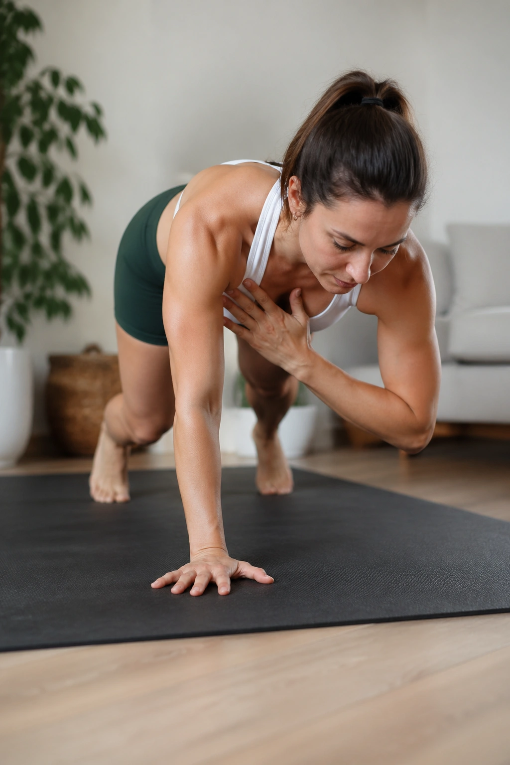 Mid-torso view of a person in bear hold with shoulder taps on a mat