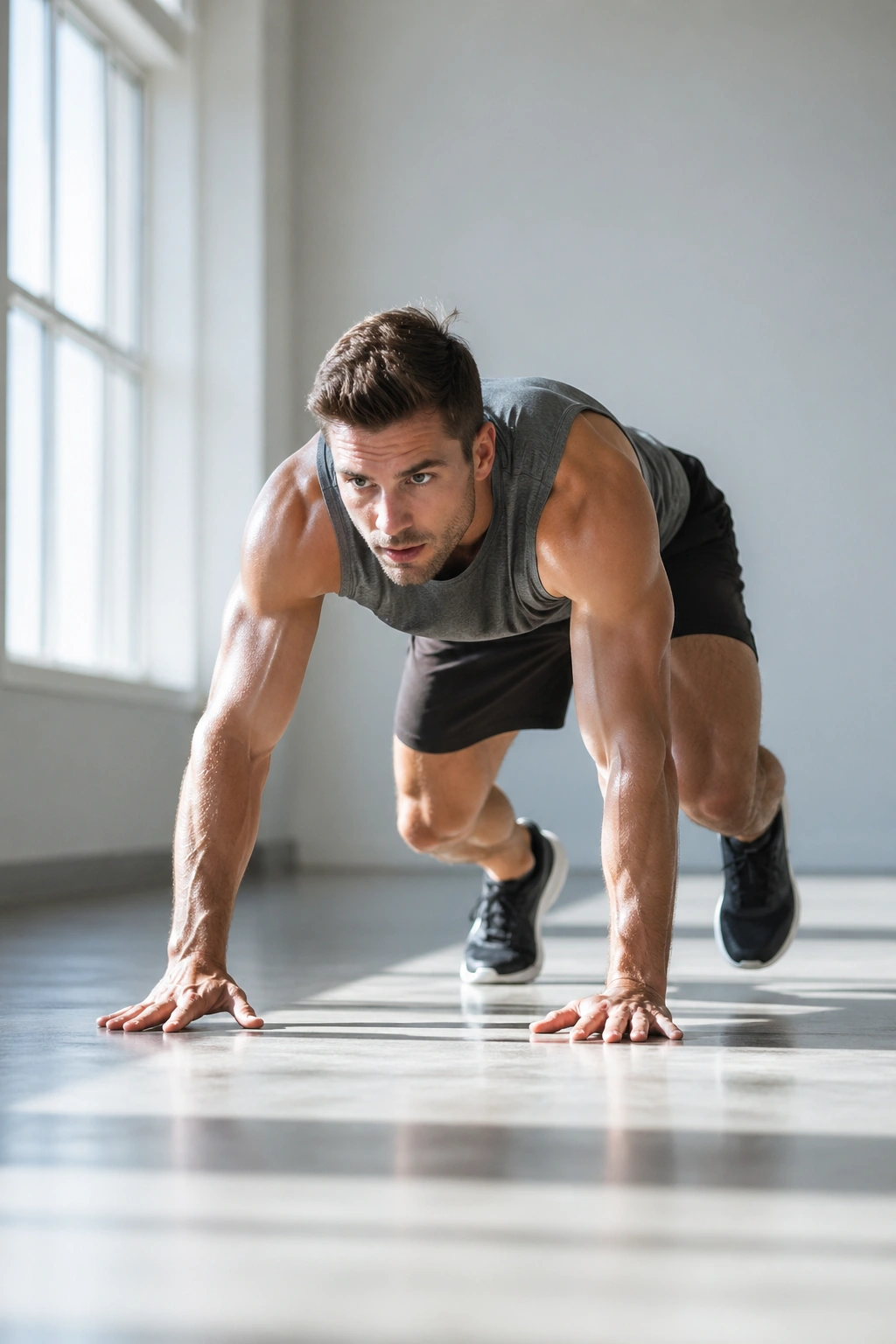 Full-body bear crawl performed by a person on a gym floor