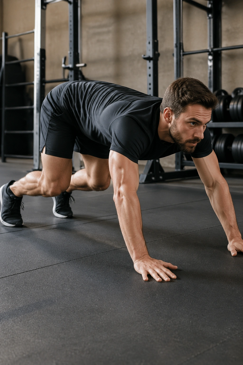 Real person bear crawling on a gym mat with hips low and core engaged