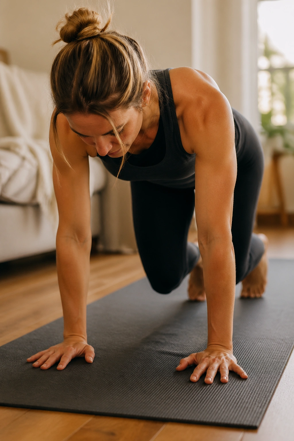 Close-up of a real person in bear hover shifting weight on a mat