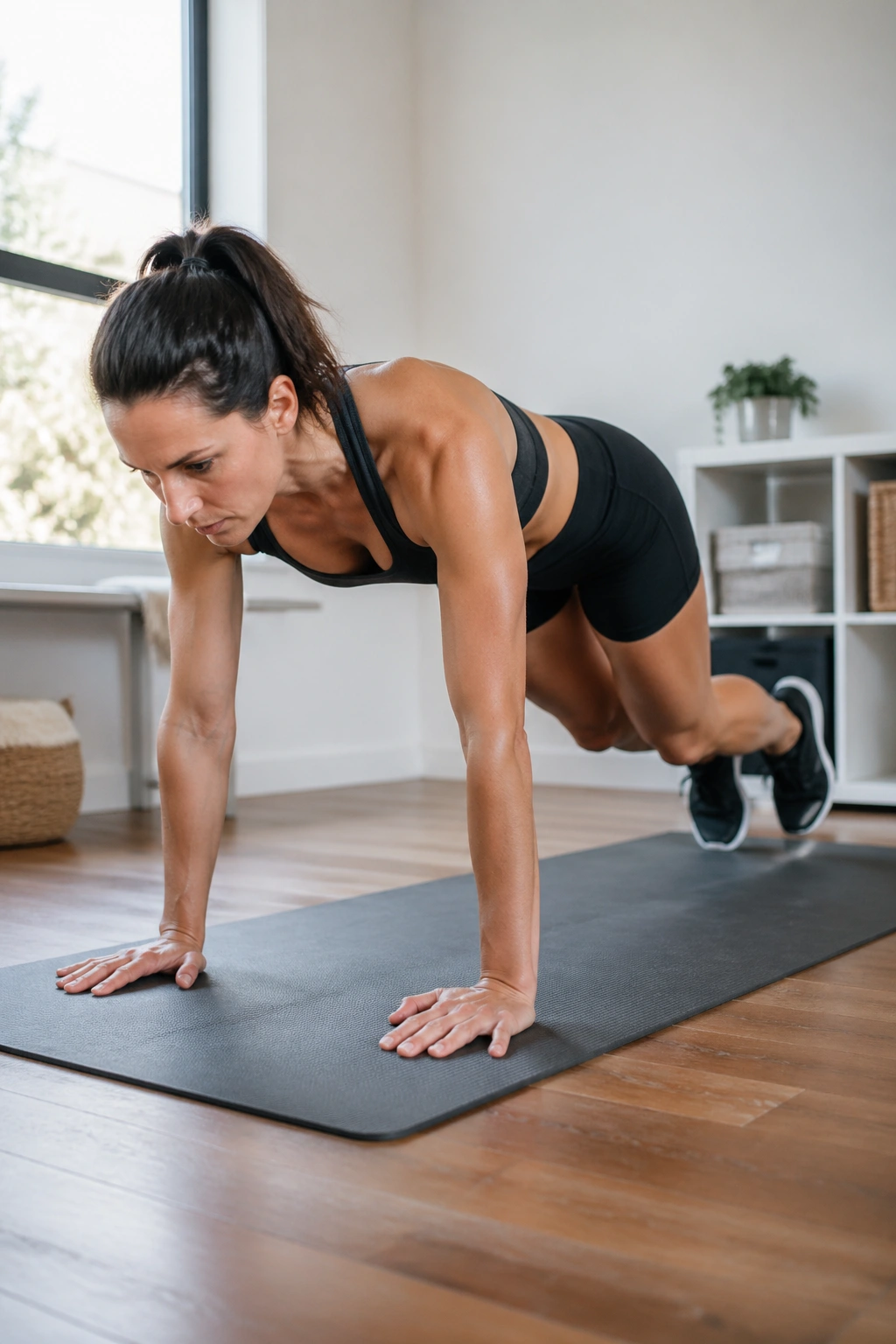Bear plank knee hover demonstrating core engagement