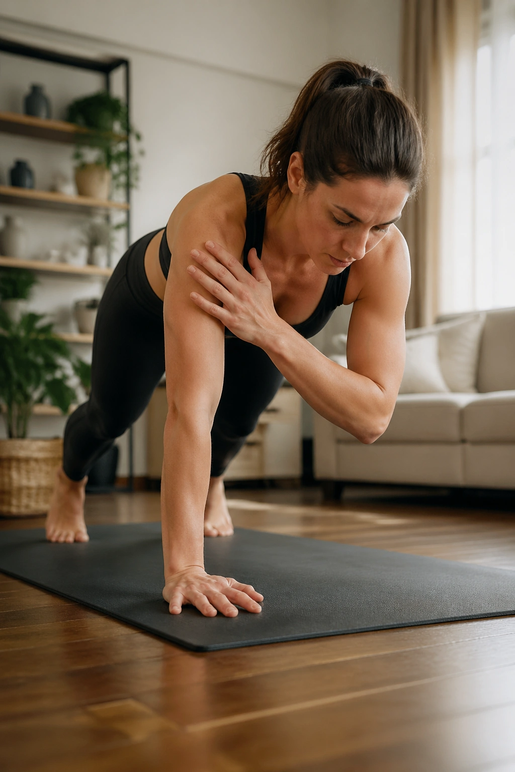 Bear plank shoulder taps performed on a mat in a home workout space