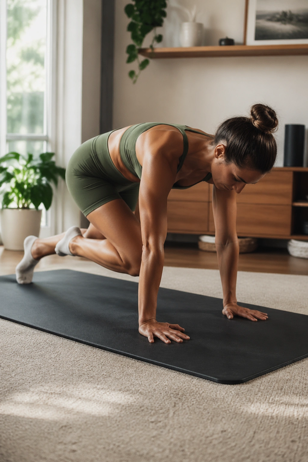 Beast hover knee taps performed on a Pilates mat
