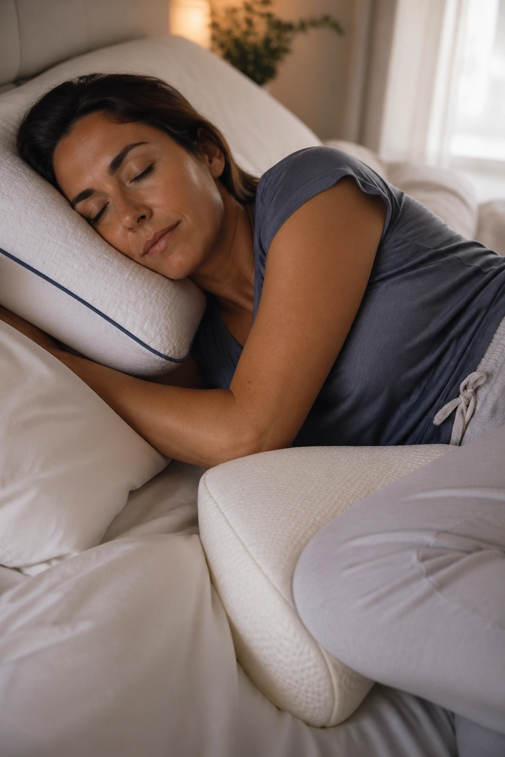 Close-up of a person sleeping with neck support and knee pillow in a cozy bedroom