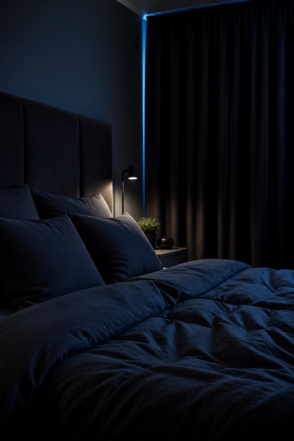 Close-up of a bed with blackout curtains in a cool, dark bedroom