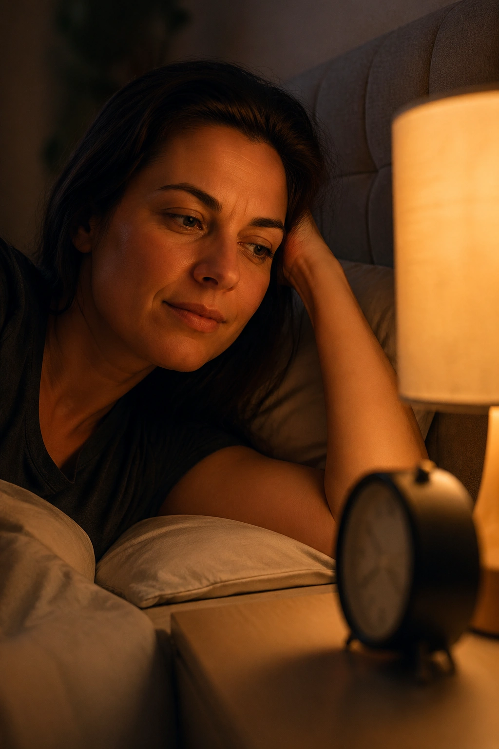 Portrait of a person in a cozy bedroom checking a bedside clock to maintain a consistent bedtime