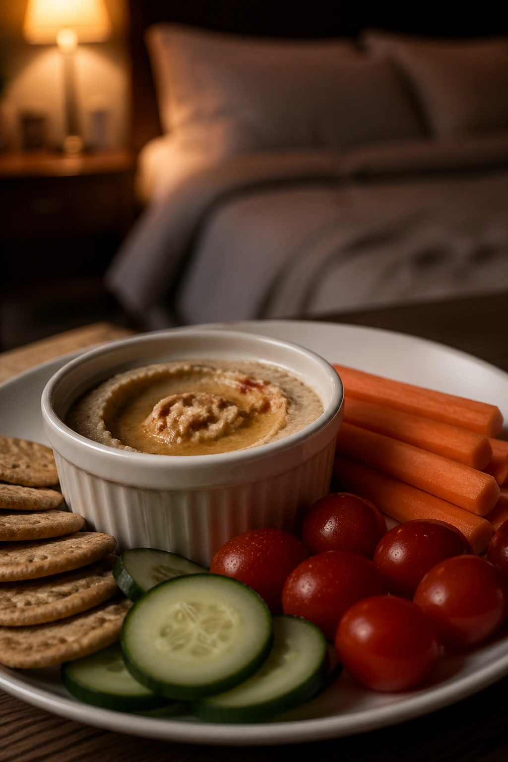 Small snack on a plate dominating the frame in a dim bedroom
