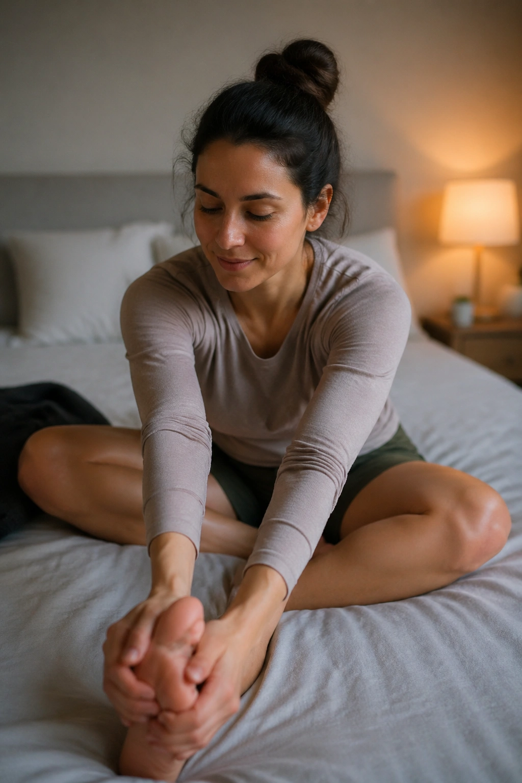 Person performing a gentle bedtime stretch on a bed in a softly lit bedroom