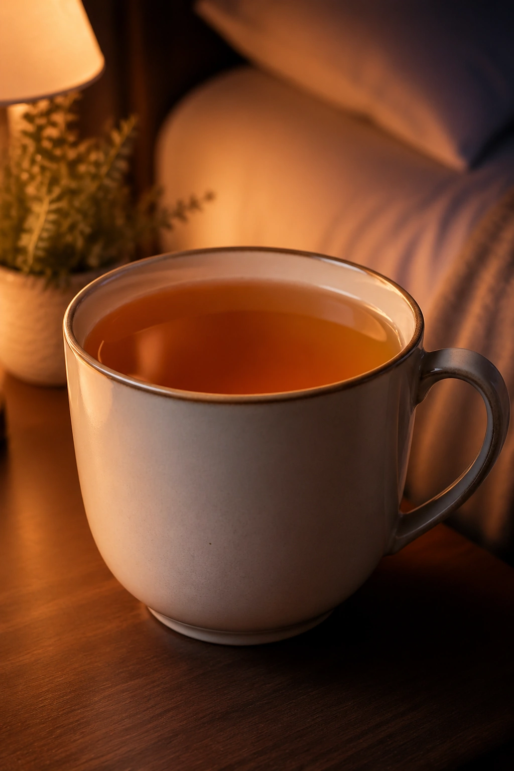 Close-up of a plain mug of tea on a bedside table, calm night setting