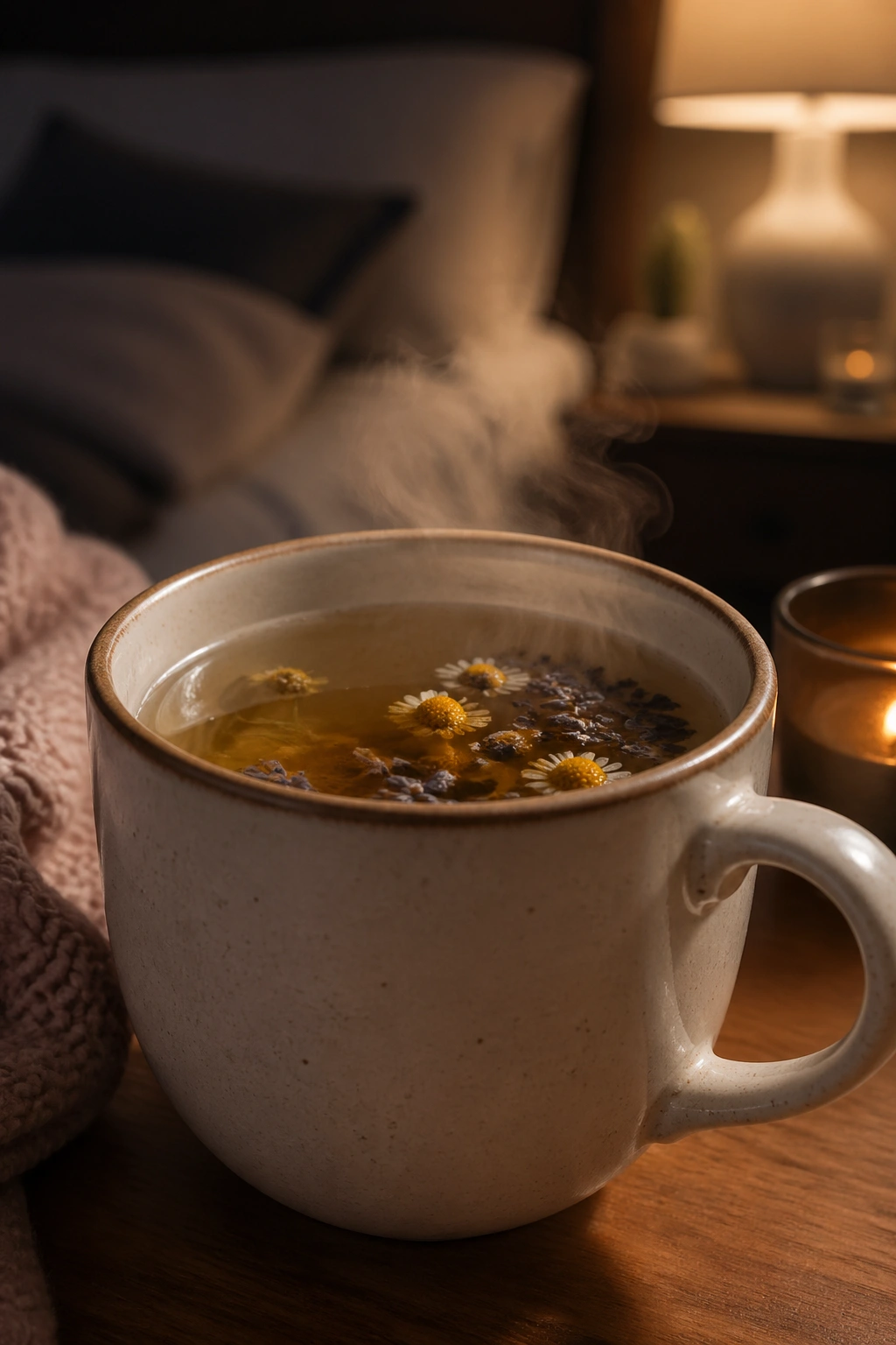 Close-up of a steaming herbal tea mug on a bedside table, cozy bedroom setting